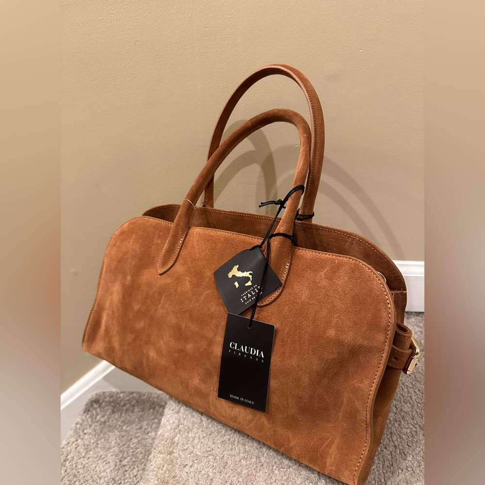 Claudia Firenze Cognac Brown East West Bowling Suede Bag Made in Italy - Picture 4 of 8